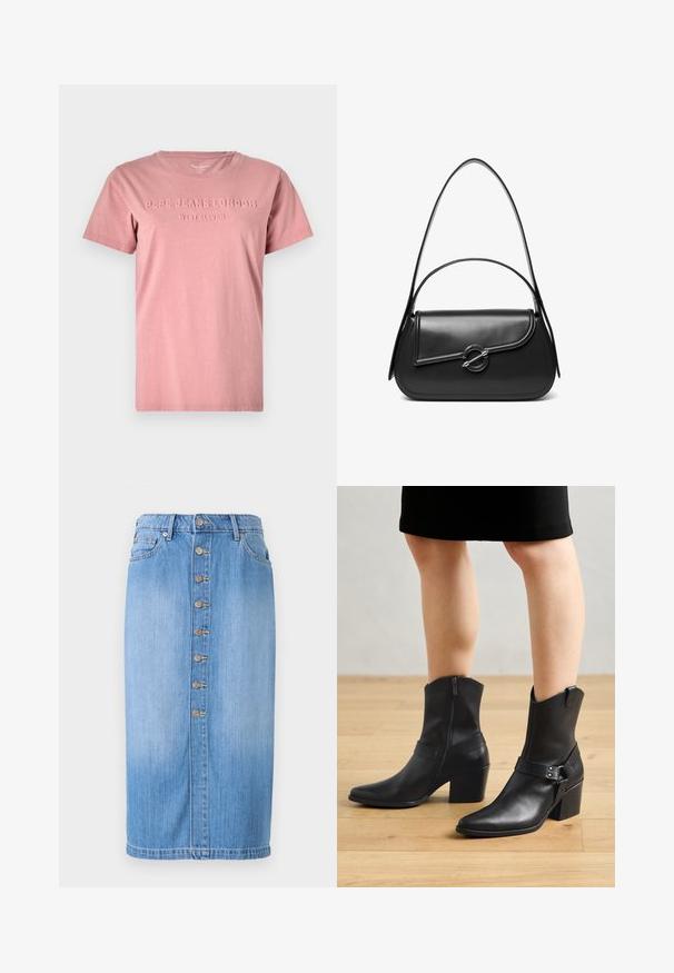 Roze katoenen t-shirt met een ronde hals en korte mouwen. Heeft reliëf tekst "PEPE JEANS LONDON WEST ELEVEN" op de voorkant.; Blauwe denim midi-rok met een rechte snit, voorzien van een sluiting met knopen aan de voorkant, vijf zakken en een vervaagde wassing voor textuur.; Zwarte leren enkellaarzen met een puntige neus, ritssluiting, gebogen hak en een decoratieve band met metalen accenten.; Zwarte leren schoudertas met een gebogen klep die is bevestigd met een ronde metalen sluiting en een smalle, verstelbare band.