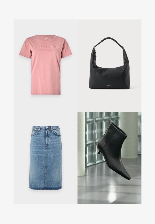 Roze katoenen t-shirt met een ronde hals en korte mouwen. Heeft reliëf tekst "PEPE JEANS LONDON WEST ELEVEN" op de voorkant.; Denim rok in lichtblauw. Heeft een rechte silhouet, vijf zakken, en een knoopsluiting met riemlussen. Verweerde textuuraccenten.; Zwarte leren enkellaars met spits toelopende neus en lage kittenhak, schuin weergegeven tegen een gepolijste vloer en een glazen blokken muur als achtergrond.; Zwarte leren schoudertas met gevlochten handvat, gouden ritsdetail en klein goudkleurig "HUGO"-logo aan de voorkant in het midden.