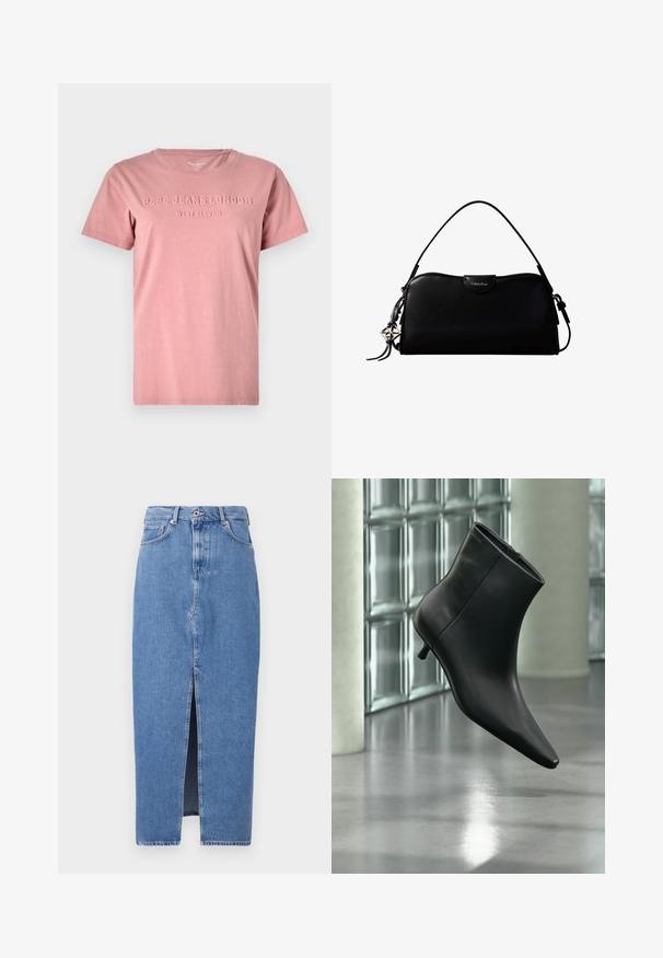 Lyserød bomulds T-shirt med rund hals og korte ærmer. Har prægede bogstaver "PEPE JEANS LONDON WEST ELEVEN" på fronten.; Lyseblå denim midi-nederdel med en frontslids, klassisk fem-lomme design og lukning med topknap. Stoffet har en let struktur.; Sort læderankelstøvle med spids tå og lav kitten-hæ, vist vinklet mod en poleret gulv- og glasblokvæg.; Sort rektangulær Calvin Klein håndtaske med enkelt toprem, sølvlogo vedhæng og lille klaplukning foran.