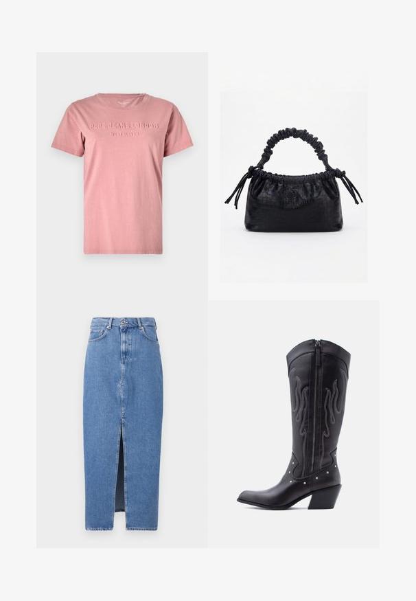 Roze katoenen t-shirt met een ronde hals en korte mouwen. Heeft reliëf tekst "PEPE JEANS LONDON WEST ELEVEN" op de voorkant.; Lichtblauwe denim midi-jurk met een voorkant split, klassieke vijf zakken ontwerp en sluiting met bovenste knoop. De stof heeft een lichte textuur.; Zwarte leren cowboylaarzen met een puntige neus, zichtbare stiksels, zilveren studaccenten en een ritssluiting aan de binnenkant.; Zwarte handtas met krokodillenstructuur, geplooide bovenrand, samengevoerde handgreep en koordtassels aan elke kant tegen een witte achtergrond.