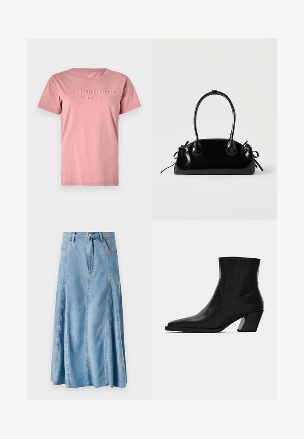 Rosa Baumwoll-T-Shirt mit Rundhalsausschnitt und kurzen Ärmeln. Mit erhabenem Text "PEPE JEANS LONDON WEST ELEVEN" auf der Vorderseite.; Hellblaue Jeansrock mit einem ausgestellten Design, ausgestattet mit einem Knopfverschluss, Gürtelschlaufen und vertikalen Nahtdetails. Knielange Länge.; Schwarze Leder-Stiefelette mit spitzem Zeh, schlanker Silhouette und klobigem quadratischem Absatz. Glatte Textur mit minimalen Nähdetails.; Kleine schwarze glänzende Handtasche mit zwei langen Griffen und seitlichen Kordelzug-Details vor einfachem hellem Hintergrund.