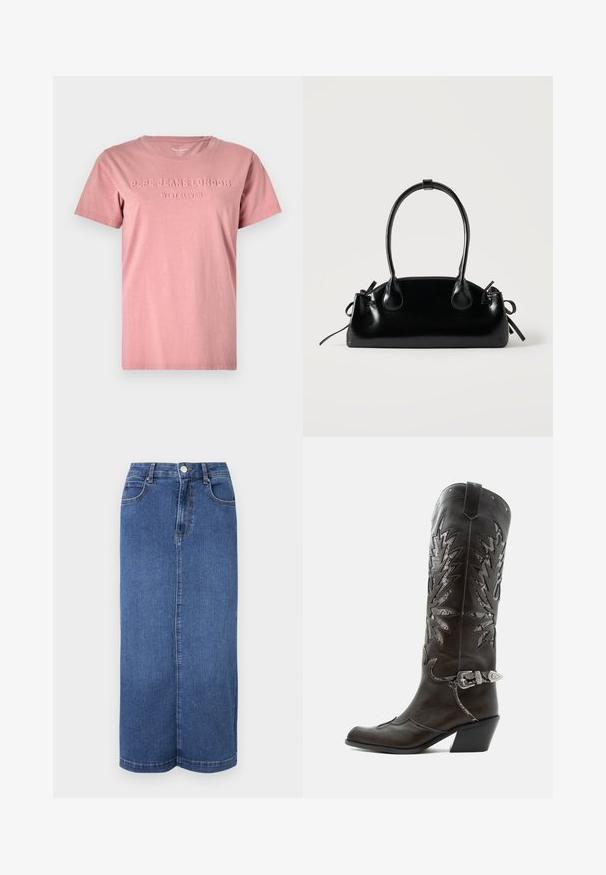 Roze katoenen t-shirt met een ronde hals en korte mouwen. Heeft reliëf tekst "PEPE JEANS LONDON WEST ELEVEN" op de voorkant.; Denim maxi rok in donkerblauw, met een rechte snit, een tailleband met knoopsluiting en minimale stikdetails.; Zwarte leren cowboylaars met decoratieve uitsnijdingen, zilveren gesp en schuine hak, weergegeven op een witte achtergrond.; Kleine zwarte glanzende handtas met twee lange hengsels en zijkant trekkoord details op een effen lichte achtergrond.