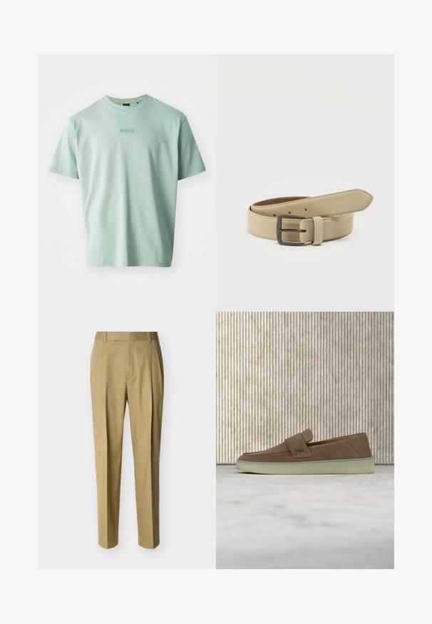T-shirt vert clair en coton doux, avec des manches courtes et un col rond. Logo "BOSS" brodé sur le devant.; Pantalon beige ajusté avec passants de ceinture et pli frontal, présenté sur un fond clair uni.; Mocassin beige en daim sans lacets avec semelle en caoutchouc blanche et logo BOSS sur la sangle latérale, présenté sur un fond neutre uni.; Ceinture en daim beige avec une boucle rectangulaire en métal sombre, plusieurs trous d'ajustement et une boucle cousue sur fond blanc.