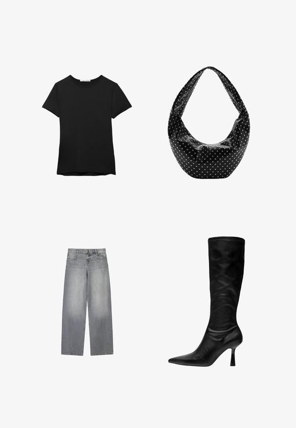 Sort kortærmet t-shirt lavet af glat stof. Har en rund halsudskæring og en afslappet pasform med en lige kant.; Bredde-grå denim jeans med en let falmet finish, der har fem lommer, lukning med knap foran og bæltestropper.; Sorte læder støvler til knæene med spids tå, slank hæl og blød, glat tekstur. Har et tætsiddende design og minimalistisk syning.; Sort læderhåndtaske med en blød form, pyntet med sølvnitter og en bred skulderrem. Glat tekstur med et rynket design.
