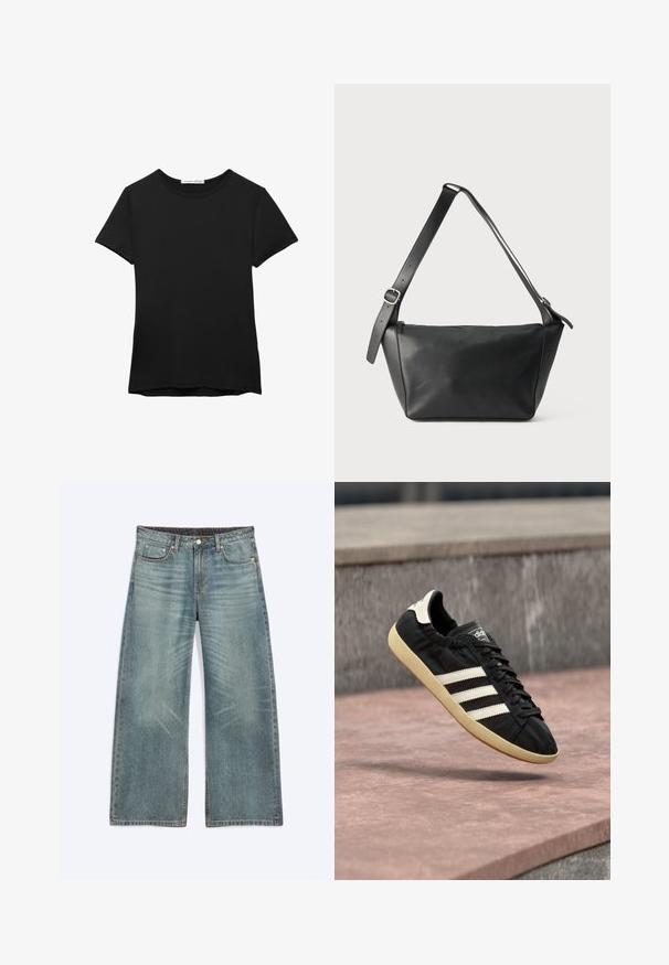 Sort kortærmet t-shirt lavet af glat stof. Har en rund halsudskæring og en afslappet pasform med en lige kant.; Blå vidde jeans med forlommer, bæltestropper, knaplukning og subtile falmede detaljer på lår og knæ.; Sort Adidas sneaker med hvide striber og beige sål, fanget i luften over en stenet overflade og baggrund af en stenmur.; Sort læder skuldertaske med bred justerbar rem og sølvspænde, vist mod en ensfarvet lys baggrund.