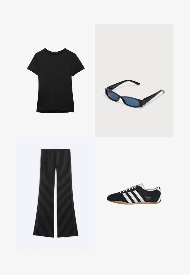 Schwarzes kurzärmliges T-Shirt aus glattem Stoff. Mit Rundhalsausschnitt und einer lockeren Passform sowie einem geraden Saum.; Schwarze Schlaghosen mit Nadelstreifen, flach auf hellem Hintergrund ausgelegt, mit vertikalen weißen Streifen und ohne sichtbare Taschen oder Knöpfe.; Schwarze Wildledersneaker mit drei weißen Streifen, goldenem Logo und brauner Gummisohle. Merkmale ein niedrigprofiliertes Schnürdesign.; Schwarze Sonnenbrille mit einem eleganten rechteckigen Rahmen und blauen Gläsern. Besitzt eine glatte Oberfläche und robuste Scharniere. Markenlogo an der Seite.