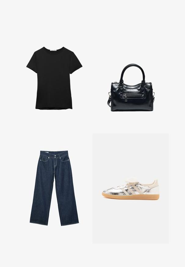 Sort kortærmet t-shirt lavet af glat stof. Har en rund halsudskæring og en afslappet pasform med en lige kant.; Mørkeblå vidde jeans i denim med dobbelt knaplukning, forlommer og kontrastsyning på hvid baggrund.; Lavtop sneaker med skinnende sølv overdel, beige tre striber, hvide snørebånd og lysebrun gummisål, vist i sidevisning på hvid baggrund.; Sort skinnende læderhåndtaske med to håndtag, lynlåslomme foran og aftagelig skulderrem på hvid baggrund.