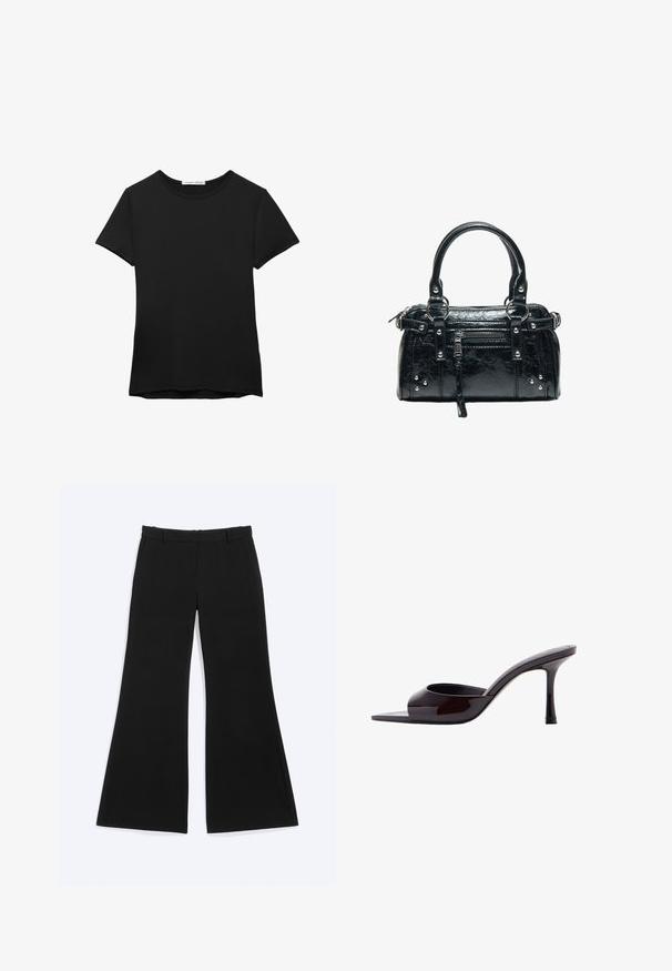 Schwarzes kurzärmliges T-Shirt aus glattem Stoff. Mit Rundhalsausschnitt und einer lockeren Passform sowie einem geraden Saum.; Schwarze Hosen mit weitem Bein, Gürtelschlaufen und Seitentaschen, flach auf weißem Hintergrund präsentiert.; Schwarzer Lackleder-Pantolette mit offenem Zeh, schlankem mittelhohem Stiletto-Absatz und niedrigem oberen Riemen.; Schwarze Ledertasche mit zwei Griffen, Frontreißverschlusstasche, silbernen Nieten und strukturierter Oberfläche, isoliert auf weißem Hintergrund.