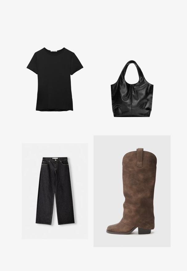 Schwarzes kurzärmliges T-Shirt aus glattem Stoff. Mit Rundhalsausschnitt und einer lockeren Passform sowie einem geraden Saum.; Schwarze Jeans mit weitem Bein, Vordertaschen und silbernem Knopfverschluss, flach auf einem hellgrauen Hintergrund ausgelegt.; Braune synthetische kniehohe Stiefel mit runder Spitze und Blockabsatz, die über eine glatte Textur und eine Schlaufe an der Oberseite verfügen.; Schwarze Leder-Tote mit glatter Textur, weichem, abgerundetem Oberteil und breiten Tragegriffen. Merkmale minimale Nähte und eine lässige Silhouette.