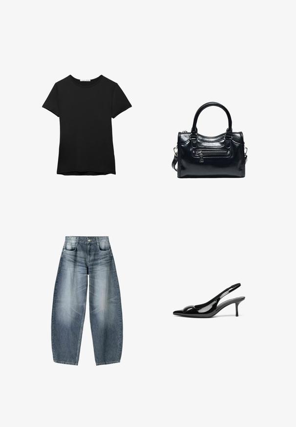 Schwarzes kurzärmliges T-Shirt aus glattem Stoff. Mit Rundhalsausschnitt und einer lockeren Passform sowie einem geraden Saum.; Weite Jeans aus hellblauem Denim mit Ausbleichungen, im fünf-Taschen-Design, mit Knopfverschluss und minimalen Nähtelementen.; Schwarze patentierte Slingback-Absätze mit spitzem Zehenbereich und glänzender Oberfläche. Besitzt einen schlanken Absatz und eine abgerundete Akzentuierung am Schuhoberteil.; Schwarze glänzende Lederhandtasche mit zwei Griffen, vorderer Reißverschlusstasche und abnehmbarem Schulterriemen auf weißem Hintergrund.