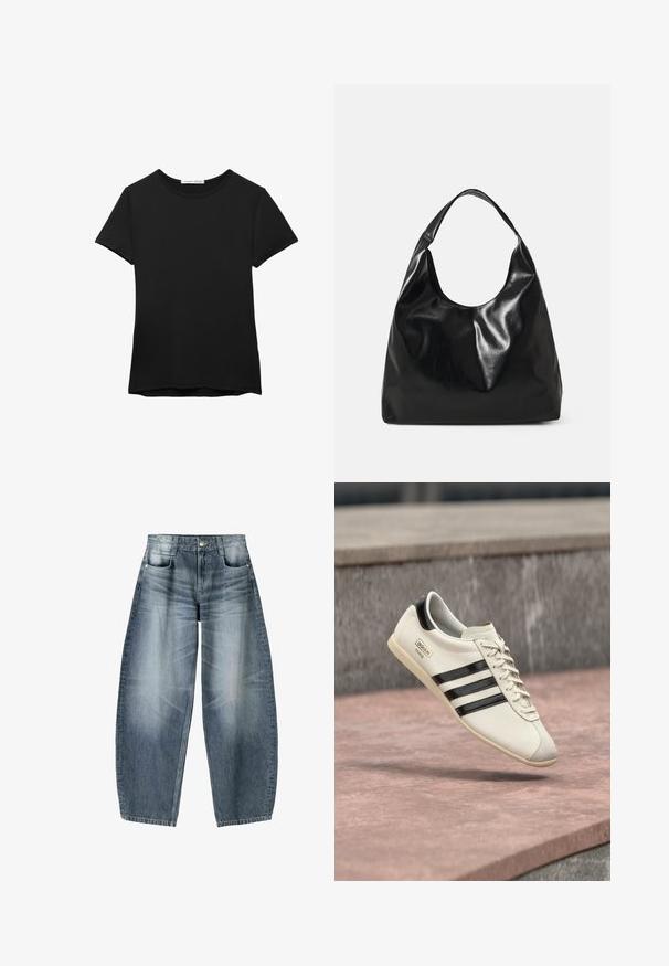 Sort kortærmet t-shirt lavet af glat stof. Har en rund halsudskæring og en afslappet pasform med en lige kant.; Bredde jeans lavet af lyseblå denim med falmning, der har et fem-lomme design, knaplukning og minimale syninger.; Hvid Adidas-sneaker med sorte striber og beige sål, svævende over en lyserød betonoverflade og grå stensbaggrund.; Sort læder hobo taske med en blød, skinnende tekstur og en rund, åben top. Har en bred, buet strop til bæring. Ingen synlig hardware.