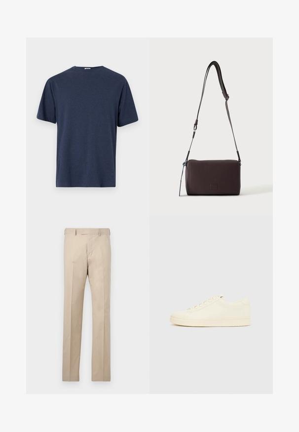 T-shirt bleu marine à manches courtes en tissu doux, avec un col rond et une coupe droite décontractée. Sans motifs ni accents visibles.; Pantalon de costume beige à jambe droite avec passants pour ceinture, fermeture éclair avant et plis, sur un fond uni.; Baskets couleur crème avec une tige en cuir lisse, bout arrondi, laçage à l'avant et semelle en caoutchouc texturée. Design minimaliste, sans logo.; Sac bandoulière en cuir marron foncé texturé avec une sangle réglable et un petit accent décoratif bleu sur le côté.