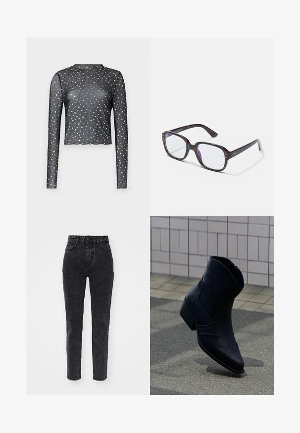 Schwarzes Langarmoberteil aus transparentem Stoff mit einem gewellten Saum und silbernem Sternenprint. Figurbetonter Schnitt.; Hochtaillierte schwarze Jeans aus Denim mit leicht verwaschenem Finish, schmal zulaufenden Beinen, Fünf-Taschen-Design und Metallknopfverschluss.; Schwarzer Lederknöchelstiefel mit niedrigem Absatz, dekorativen Nähten und spitzer Spitze, aufrecht auf einer gepflasterten Fläche neben einer gefliesten Wand positioniert.; Schildkrötenmuster rechteckige Brille mit klaren Gläsern, die über robuste Rahmen, goldene Akzente und ein elegantes Design verfügt.