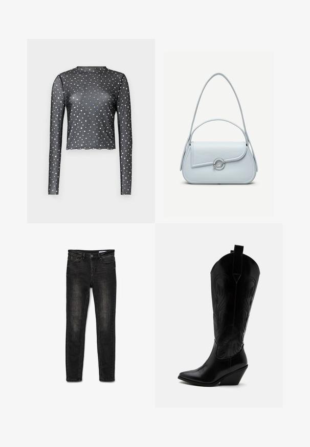 Schwarzes Langarmoberteil aus transparentem Stoff mit einem gewellten Saum und silbernem Sternenprint. Figurbetonter Schnitt.; Schwarze Denim-Skinny-Jeans mit mittelhohem Bund, klassischem 5-Taschen-Design, leichter Ausbleichung an den Hüften und einem Metallknopfverschluss.; Schwarzer Leder-Cowboystiefel mit spitzer Zehe, schrägem Blockabsatz, dekorativer Naht und Zuglaschen oben vor weißem Hintergrund.; Hellblaue Lederhandtasche mit abgerundetem Überschlag, silbernem, rundem Verschluss und zwei Schulterriemen vor einfarbigem Hintergrund.