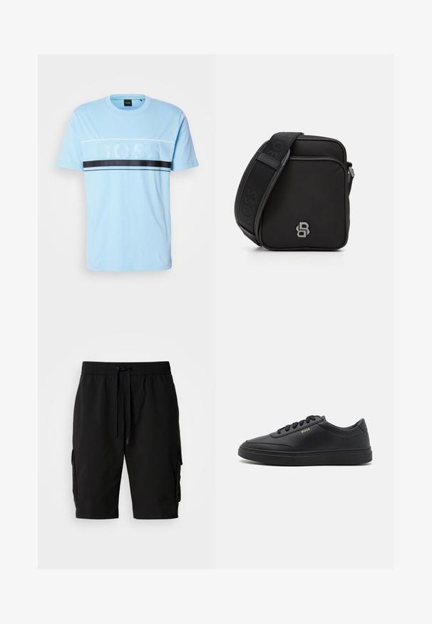 Lyseblå bomulds t-shirt med rund hals, der har et tekstureret "BOSS" logo i midten og en sort vandret stribe tværs over brystet.; Sorte cargo shorts lavet af letvægtsstof, med elastisk talje, snor og sidelommer til ekstra opbevaring.; Sorte lædersneakers med en glat overflade, rund tå, flad gummisål og tonede snørebånd. Udstyret med guld "BOSS" branding på siden.; Sort crossbody taske i tekstureret stof med lynlås. Har et logoaccent og en mønstret justerbar rem. Kompakt firkantet design.