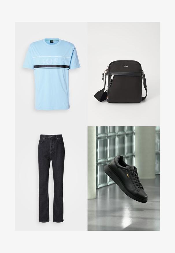 Lyseblå bomulds t-shirt med rund hals, der har et tekstureret "BOSS" logo i midten og en sort vandret stribe tværs over brystet.; Høj talje sorte denim jeans med knap- og lynlåsåbning, for- og baglommer samt lige ben.; Sort læder lavtop sneaker med snørebånd, guld "BOSS" logo på siden, vist svævende indendørs mod en glasblok og beton baggrund.; Sort crossbody taske med et struktureret stof, logo på fronten, lynlås lukning og justerbar rem. Har en glat læderkant.