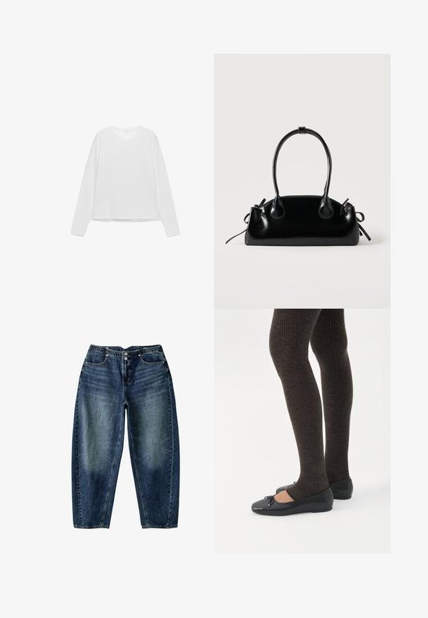 T-shirt blanc à manches longues avec un col rond. Confectionné en tissu lisse, il présente un ourlet droit et une coupe décontractée. Design simple, sans motifs.; Jean denim bleu foncé avec une coupe décontractée, poches avant, fermeture par bouton et détails subtils délavés aux cuisses et aux genoux.; Jambes portant des leggings côtelés foncés associés à des ballerines noires avec de petits détails en nœud sur fond blanc.; Petit sac à main noir brillant avec deux longues anses et des détails à cordon sur les côtés sur un fond clair uni.