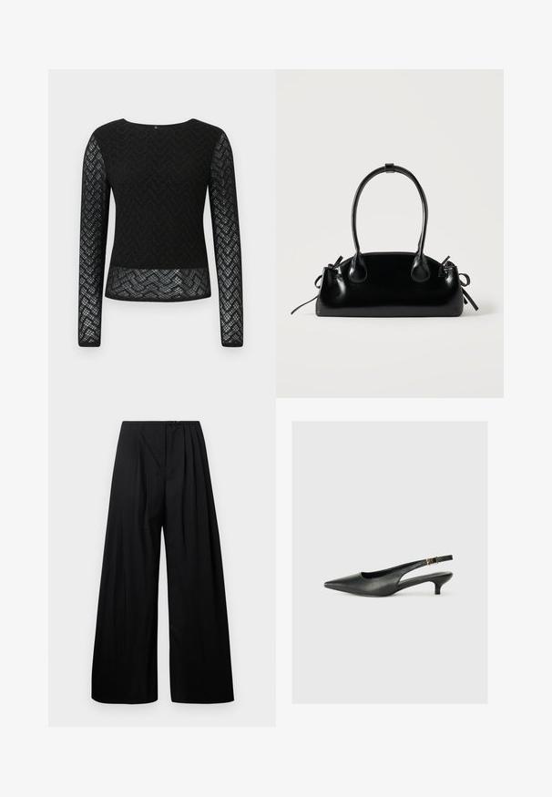 Camiseta negra de manga larga hecha de encaje con un patrón en zigzag. Presenta un escote redondo y un diseño transparente en las mangas y el dobladillo.; Pantalones de pierna ancha negros con cintura alta, que cuentan con pliegues verticales y cierre de botón. Textura suave, diseño minimalista.; Zapato de tacón slingback negro de punta afilada, hecho de cuero suave. Presenta un tacón delgado y un detalle de hebilla en la correa ajustable.; Pequeño bolso negro brillante con dos asas largas y detalles de cordón lateral sobre un fondo claro liso.