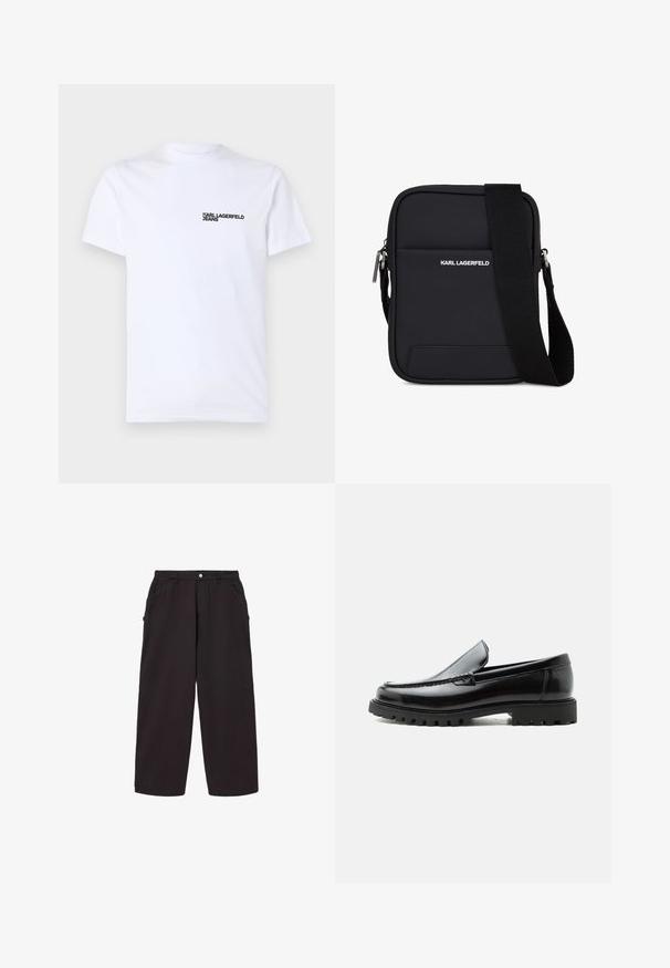 Hvid bomulds t-shirt med korte ærmer, en rund halsudskæring og et sort "KARL LAGERFELD JEANS" logo på venstre brystområde.; Sorte bukser med vide ben, forlommer, bæltestropper og knaplukning i taljen.; Sort læderloafer med chunky gummisål, syet overdel og præget mærkenavn på hælen, vist i sideprofil på hvid baggrund.; Sort rektangulær skuldertaske med justerbar rem, frontlomme og "KARL LAGERFELD" logo i hvid tekst.