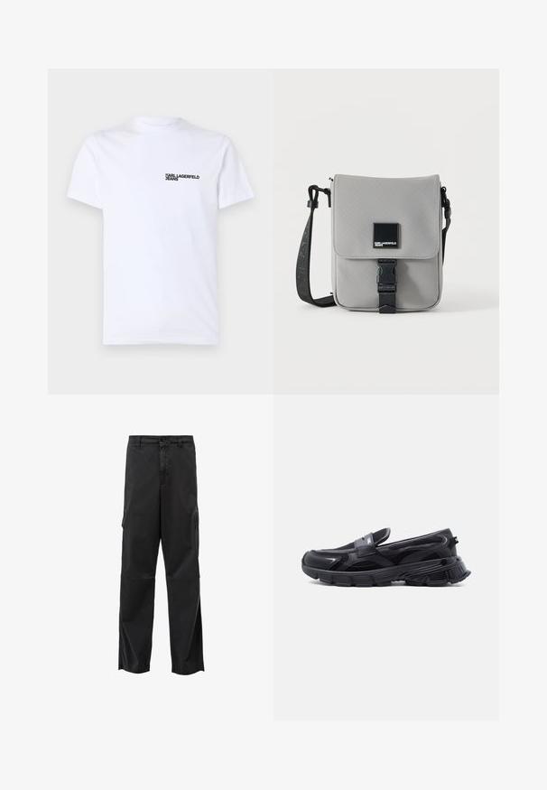 Hvid bomulds t-shirt med korte ærmer, en rund halsudskæring og et sort "KARL LAGERFELD JEANS" logo på venstre brystområde.; Sorte cargo bukser med lige skæring, knaplukning og sidelommer. Glat stof med mat finish og uden synlige mønstre.; Sort slip-on sneaker med tyk tekstureret sål og meshpaneler, designet til afslappet og atletisk brug.; Grå crossbody taske med sort justerbar rem, frontklap sikret med sort spænde, med et firkantet Karl Lagerfeld Jeans logo patch.