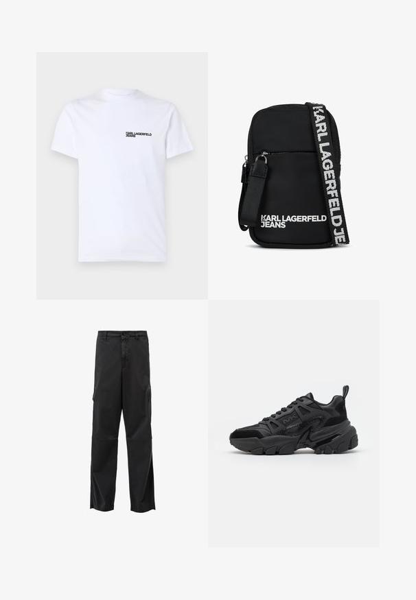 Λευκό βαμβακερό t-shirt με κοντά μανίκια, στρογγυλή λαιμόκοψη και μαύρο λογότυπο "KARL LAGERFELD JEANS" στην αριστερή πλευρά του στήθους.; Μαύρο cargo παντελόνι με ίσια γραμμή, κλείσιμο με κουμπί και πλαϊνές τσέπες. Λείο ύφασμα με ματ φινίρισμα και χωρίς ορατά σχέδια.; Μαύρα αθλητικά παπούτσια με συνδυασμό λείων και υφασμένων υλικών, χοντρή σόλα, σχέδιο με κορδόνια και χαρακτηριστικές πλευρικές λεπτομέρειες.; Μαύρη τσάντα χιαστί με ορθογώνιο σχήμα, που διαθέτει μπροστινή τσέπη με φερμουάρ και λευκή λωρίδα με λογότυπο σε αντίθεση.