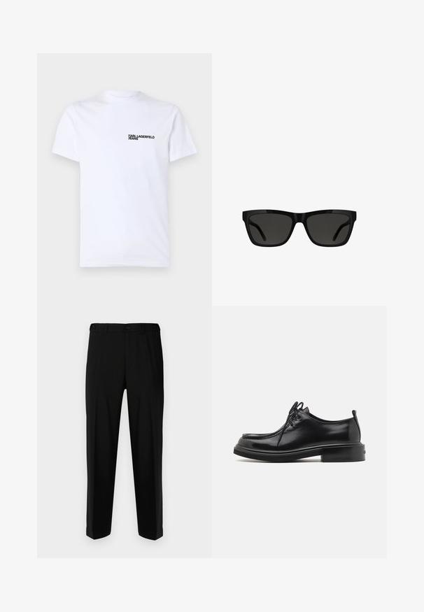 Hvid bomulds t-shirt med korte ærmer, en rund halsudskæring og et sort "KARL LAGERFELD JEANS" logo på venstre brystområde.; Sorte bukser lavet af glat stof, med lige snit, to forlommer og lynlås med knaplukning.; Calvin Klein LACE UP APRON BRUSH OFF - Snøresko - black; Sorte solbriller med en rektangulær form, blank plastikkant, mørke linser og et slankt stelldesign, egnet til forskellige ansigtsformer.