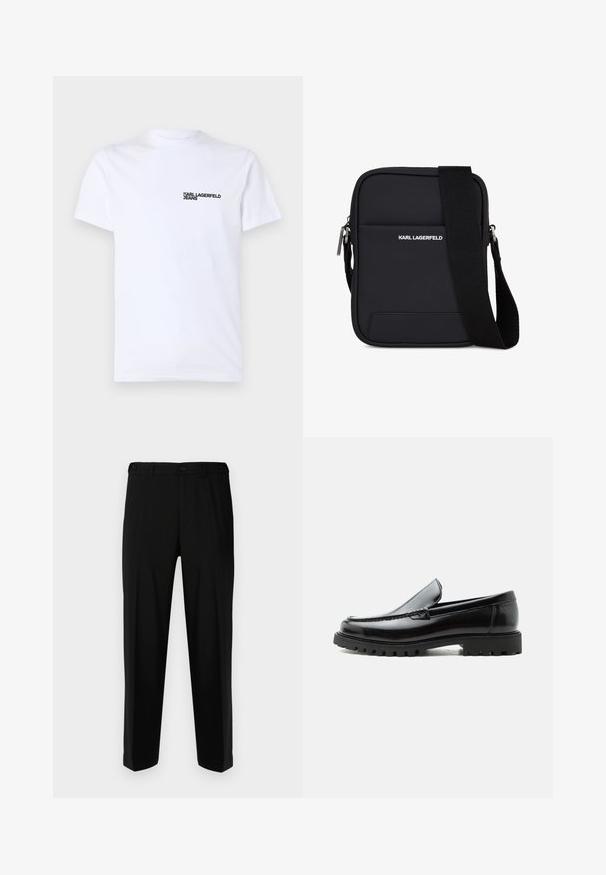 Hvid bomulds t-shirt med korte ærmer, en rund halsudskæring og et sort "KARL LAGERFELD JEANS" logo på venstre brystområde.; Sorte bukser lavet af glat stof, med lige snit, to forlommer og lynlås med knaplukning.; Sort læderloafer med chunky gummisål, syet overdel og præget mærkenavn på hælen, vist i sideprofil på hvid baggrund.; Sort rektangulær skuldertaske med justerbar rem, frontlomme og "KARL LAGERFELD" logo i hvid tekst.
