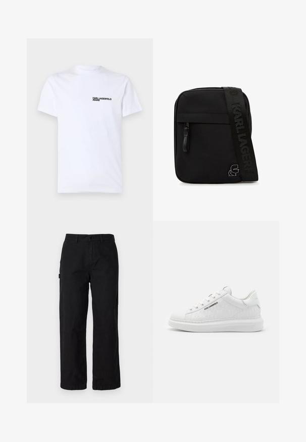 Hvid bomulds t-shirt med korte ærmer, en rund halsudskæring og et sort "KARL LAGERFELD JEANS" logo på venstre brystområde.; Sorte bomulds cargo bukser med en lige ben-design, der har sidelommer og en frontknaplukning. Holdbart stof med en glat tekstur.; Hvide sneakers lavet af glat læder med prægede mønstre. Har rund tå, snørebånd foran og struktureret sål. Sølvlogo detalje på siden.; Sort crossbody taske med forreste lynlåslomme, tykk rem præget med "KARL LAGERFELD" og metal logo detalje i nederste hjørne.