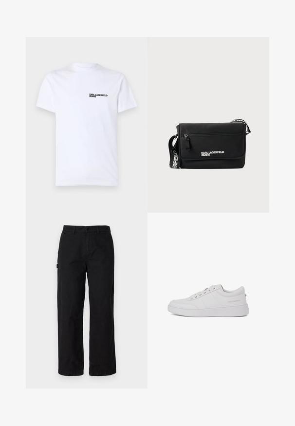 Hvid bomulds t-shirt med korte ærmer, en rund halsudskæring og et sort "KARL LAGERFELD JEANS" logo på venstre brystområde.; Sorte bomulds cargo bukser med en lige ben-design, der har sidelommer og en frontknaplukning. Holdbart stof med en glat tekstur.; Hvide lædersneakers med et klassisk lavtop-design, flad sål og subtilt brandlogo på hælen. Har fem metaløjer til snørebånd.; Sort messenger-taske lavet af glat nylon. Har justerbar rem, frontlomme med lynlås og hvidt trykt logo. Rektangulær form med minimalistisk design.