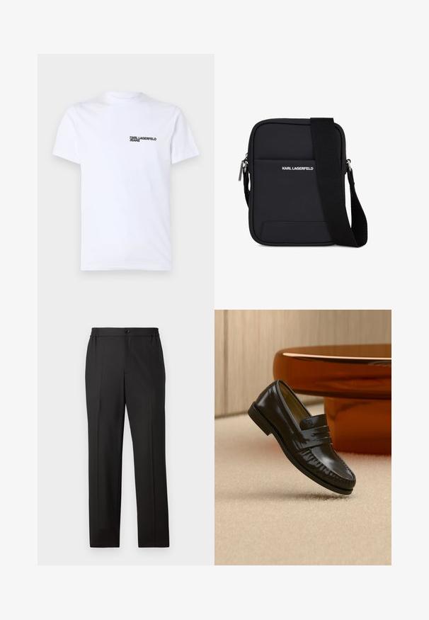 Hvid bomulds t-shirt med korte ærmer, en rund halsudskæring og et sort "KARL LAGERFELD JEANS" logo på venstre brystområde.; Sorte bukser med lige ben, elastisk talje med knaplukning, flad front og glat stofoverflade.; Skinnende sort læderloafer med remdetalje, placeret på beige tæppe nær et rundt brunt sofabord i et blødt oplyst rum.; Sort rektangulær skuldertaske med justerbar rem, frontlomme og "KARL LAGERFELD" logo i hvid tekst.