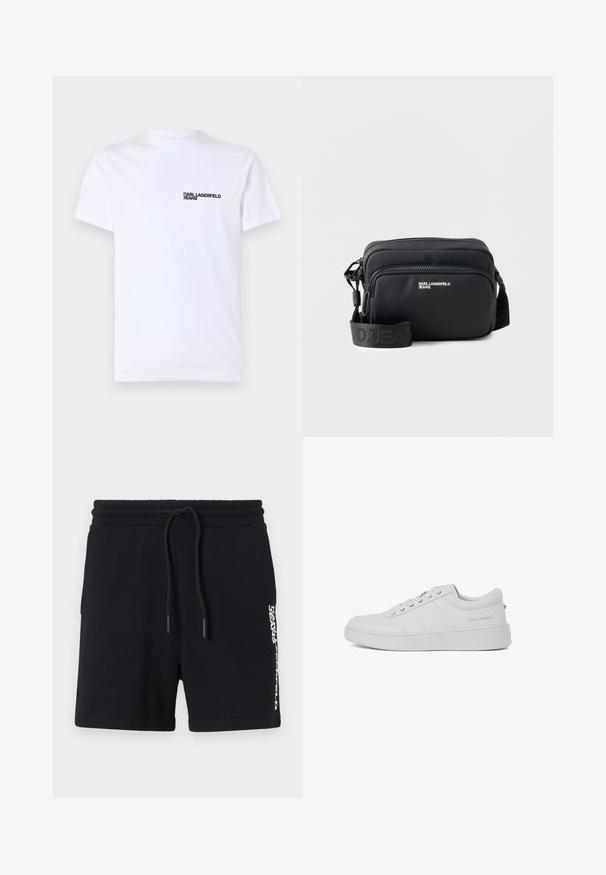 Hvid bomulds t-shirt med korte ærmer, en rund halsudskæring og et sort "KARL LAGERFELD JEANS" logo på venstre brystområde.; Sorte bomulds shorts med snoretræk i taljen, prydet med et hvidt logo print på siden og en glat overflade. Klassisk design.; Hvide lædersneakers med et klassisk lavtop-design, flad sål og subtilt brandlogo på hælen. Har fem metaløjer til snørebånd.; Sort rektangulær crossbody taske med to lynlåslommer, "KARL LAGERFELD JEANS" logo og justerbar mærket rem på hvid baggrund.