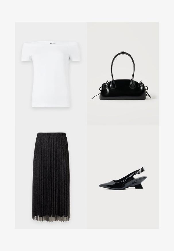 Camiseta blanca de tirantes caídos con mangas cortas, hecha de un suave material de algodón, con un diseño ajustado y un dobladillo inferior recto.; Falda midi negra plisada con un sutil estampado de leopardo, cinturilla elástica y textura transparente en el dobladillo.; Zapato slingback de cuero charol negro con puntera puntiaguda y tacón bajo en bloque inclinado sobre fondo claro liso.; Pequeño bolso negro brillante con dos asas largas y detalles de cordón lateral sobre un fondo claro liso.