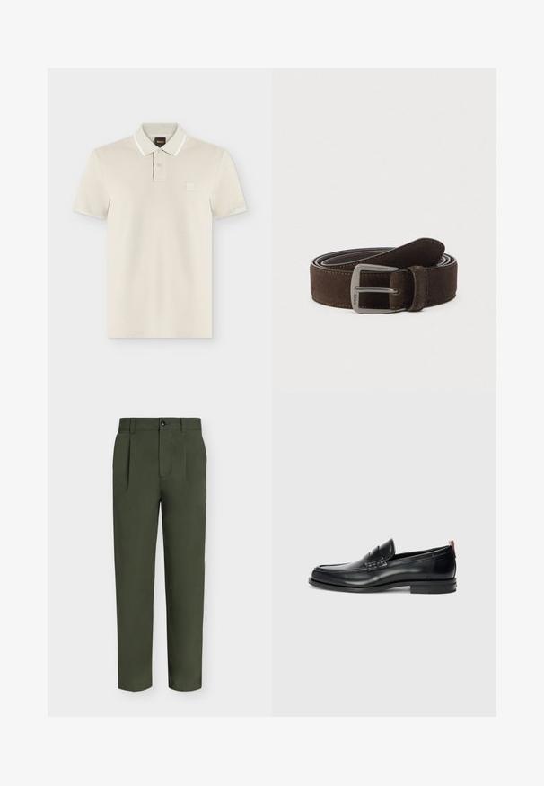 Polo beige clair à manches courtes avec deux boutons, une bordure blanche sur le col et un petit logo carré sur la poitrine.; Pantalon droit vert foncé avec plis, passants de ceinture, poches latérales et fermeture devant zippée et boutonnée, présenté sur fond uni.; Mocassins en cuir noir au design élégant, à bout arrondi, avec une texture sur le devant et une semelle en caoutchouc pour une meilleure adhérence. Équipés d'une tirette à l'arrière.; Ceinture en daim marron avec boucle en métal argenté, détail de double surpiqûre, texture lisse et embout arrondi.
