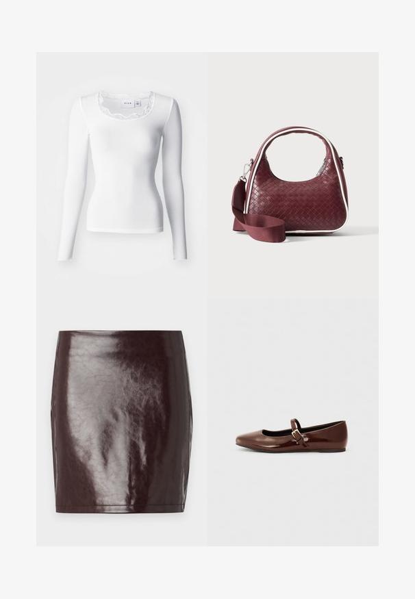 Hvid langærmet ribbet top med en scalloped blondeudskæring og en tætsiddende silhuet. Stoffet er glat med en blød tekstur.; Burgundy faux læder mini-nederdel med en glat, blank tekstur og en tætsiddende silhuet. Har rene linjer og en lige kant.; Brun patentlæder balletflade med firkantet tå og strop med en lille guldbuckle. Glat tekstur, lav hæl og minimalistisk design.; Mørkerød vævet lædertaske med buet hank, hvid kant, sølv lynlås og aftagelig bred stofskulderrem mod en ensfarvet baggrund.