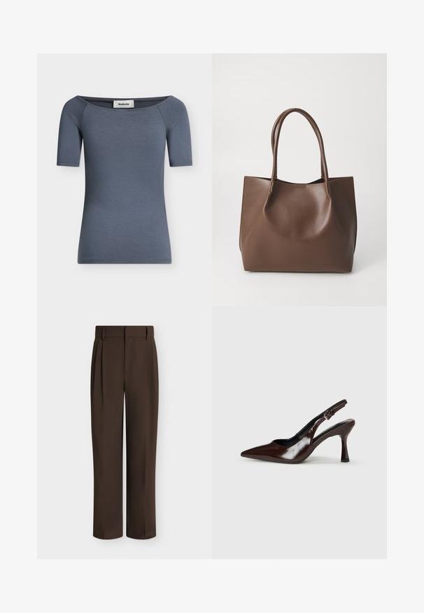 Top femme ajusté à manches courtes en gris foncé avec un large décolleté légèrement tombant sur l'épaule et une étiquette de marque visible à l'intérieur du col.; Pantalon formel coupe droite marron foncé avec passants de ceinture et plis à l'avant, présenté sur un fond clair uni.; Talons slingback en cuir verni brun avec un bout pointu, un talon fin, et une sangle réglable avec une petite boucle.; Sac en cuir marron avec deux longues poignées, forme structurée, texture lisse et design minimaliste. Aucun matériel ni accent visible.