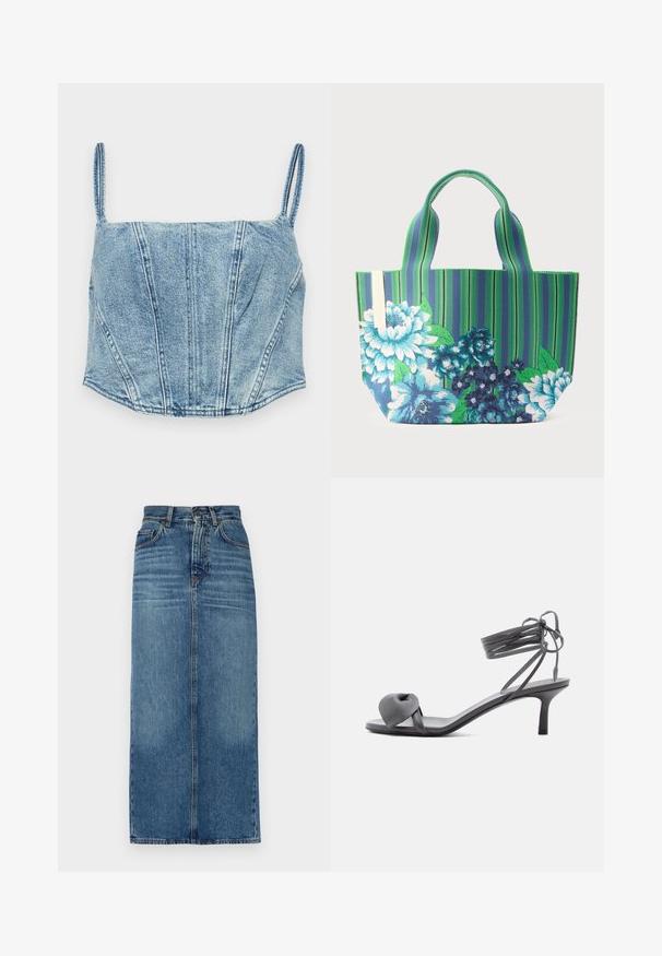 Lichtblauwe denim cropped top met dunne bandjes, gestructureerde lijfseams en een licht gebogen zoom. Beschikt over een soepele textuur.; Denim rok, middellang, lichtblauwe wassing, hoge taille, vijf-pocket ontwerp, rechte pasvorm, vervaagde textuur, met zichtbare stikaccenten.; Grijze leren sandaal met hak, voorzien van een geknoopte band bij de tenen en wikkellinten rond de enkel op een slanke sandaal met een middenhoge hak, tegen een witte achtergrond.; Tote tas met groene en blauwe verticale strepen, met grote blauw-witte bloemmotieven en twee korte handvatten.