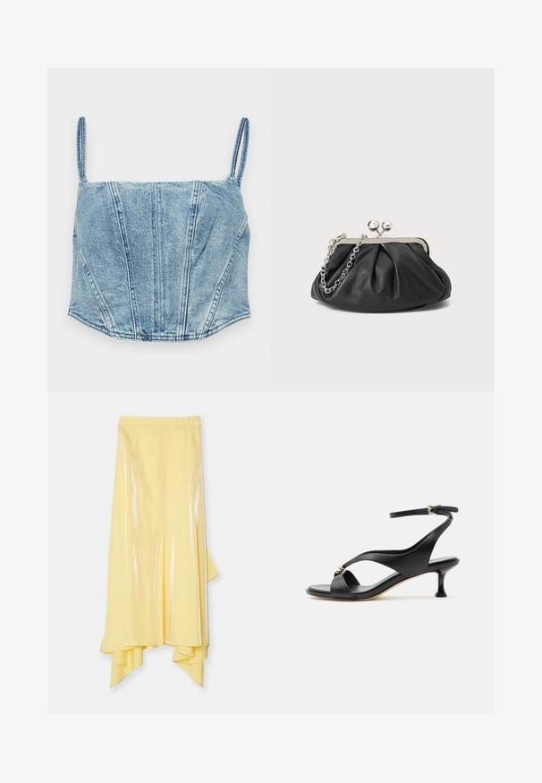 Lichtblauwe denim cropped top met dunne bandjes, gestructureerde lijfseams en een licht gebogen zoom. Beschikt over een soepele textuur.; Geel midi-rok met een high-low zoom, gemaakt van glanzende, soepele stof. Heeft een aansluitende taille en een vloeiende silhouet.; Zwarte leren damessandaal met gebogen kittenheel, gekruiste bandjes en verstelbare enkelriem met kleine gouden gesp.; Zwarte leren clutch met geplooide textuur, zilverkleurig metalen frame, drukknopsluiting en kettingriem. Glad, zacht oppervlak.