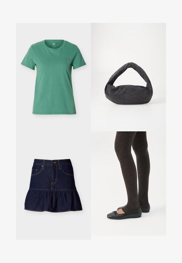 T-shirt vert à manches courtes avec col rond et petit patch du logo rouge Levi’s sur la poitrine gauche.; Mini-jupe en denim bleu foncé avec ourlet à volants, fermeture à boutons et zip sur le devant, ainsi que deux poches avant avec passants de ceinture.; Jambes portant des leggings côtelés foncés associés à des ballerines noires avec de petits détails en nœud sur fond blanc.; Sac en tissu gris foncé avec une anse courbée, texture douce et forme arrondie. Pas de matériel ou d'embellissements visibles.