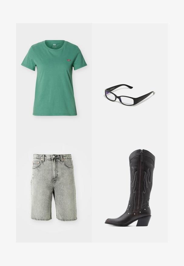 T-shirt vert à manches courtes avec col rond et petit patch du logo rouge Levi’s sur la poitrine gauche.; Shorts en denim gris avec un design classique à cinq poches, une finition délavée et des surpiqûres au bas et à la taille.; Bottes de cowboy en cuir marron avec surpiqûres en forme de flammes, fermeture éclair latérale, clous argentés, bout pointu et talon superposé.; Des lunettes rectangulaires noires avec des verres transparents. Fini brillant, branches étroites et teinte violette visible sur les bords des verres.