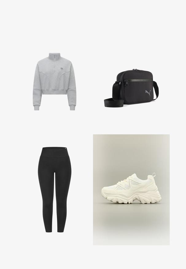 Lys grå cropped sweatshirt med høj krave, halv lynlås fortil og subtil syning. Har et lille logo på brystet.; Sorte leggings med en høj elastisk talje, glat tekstur og tætsiddende design, velegnet til forskellige aktiviteter.; Hvid chunky sneaker med tyk tekstureret sål, mesh paneler, snørelukning foran og trækstrop ved hælen på en neutral baggrund.; Sort skuldertaske i stof med rektangulær form, udstyret med lynlås, tekstureret overflade og en grå broderet logo på den ene side.
