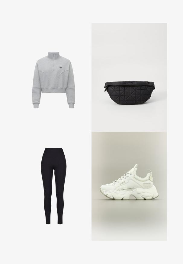 Lys grå cropped sweatshirt med høj krave, halv lynlås fortil og subtil syning. Har et lille logo på brystet.; Sorte højtaljerede leggings, lavet af strækbart stof, med en glat tekstur og en tætsiddende design uden synlige sømme eller mønstre.; Hvid chunky sneaker med tyk struktureret sål, mesh- og læderoverdel, snørelukning og trækstropper på tunge og hæl.; Sort quiltet taske med en blød, polstret tekstur og et vinkelret diamantmønster, med en buet silhuet og lynlåslukning.