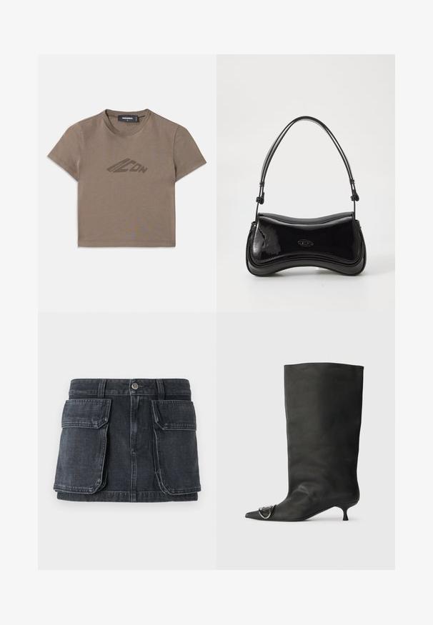 T-shirt cropped marron en coton, avec un col rond et des manches courtes. Un logo discret est imprimé en marron foncé sur le devant.; Jupe en denim noir avec une taille ajustée, fermeture à boutons, deux grandes poches avant et des détails de coutures contrastantes.; Bottines en cuir noir à bout pointu, petite talon et détail métallique sur le bout. Texture lisse et mate partout.; Sac à main en vernis noir avec une forme courbée, une poignée unique et un fond arrondi. Présente un détail de logo discret à l'avant.