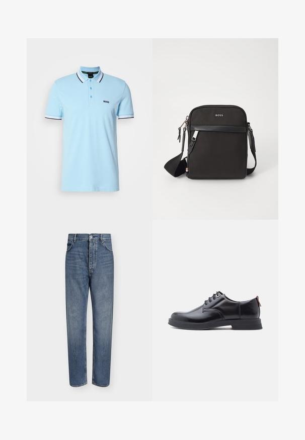 lichtblauw poloshirt met korte mouwen, met een wit en zwart gestreepte kraag en manchetten, drie knopen en het 'BOSS' logo op de linker borst.; Blauwe denim jeans met rechte pijpen, hoge taille, knoopsluiting aan de voorkant en vijfzakkenontwerp op een effen lichte achtergrond.; Zwarte leren veter schoenen met een gladde textuur, ronde neus en subtiel stiksel detail. Voorzien van een rode trekband op de hiel.; Zwarte schoudertas van textuurstof, met logo aan de voorkant, ritssluiting en verstelbare schouderband. Voorzien van een gladde leren rand.
