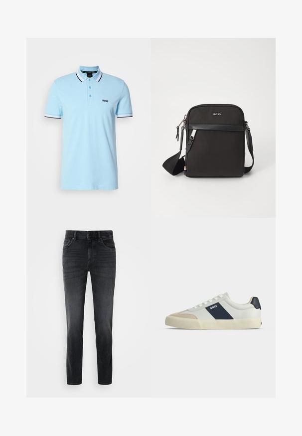 Hele sinine lühikeste varrukatega polo särk valge ja musta triibulise krae ja varrukaotstega, kolme nupuga ning logo "BOSS" vasakul rinna piirkonnas.; Mustad teksased, millel on slim-fit lõige, keskmise kõrgusega talje, klassikaline viie taskuga disain ja jalgadel kerge pleekimine.; Valge madala säärega vabaajajalats beeži varbaga, tumesinise küljeribaga, millel silt BOSS, valgete paelte ja kummist tallaga neutraalsel taustal.; Must mustra kott, millel on tekstuuriga kangas, logo ees, lukuga sulgemine ja reguleeritav rihm. Funktsiooniks on sile nahaäär.