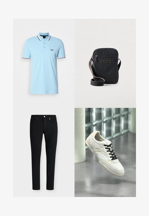 Vaaleansininen lyhythihainen polo-paita, jossa on valko-mustat raidalliset kaulus ja hihansuut, kolme nappia ja "BOSS"-logo vasemmassa rinnassa.; Mustat slim fit -farkut, joissa on etutaskut, vyölenkit, napitus ja vetoketjuhalkio valkoisella taustalla.; Valkoinen ja beige lenkkari mustilla nauhoilla ja "HUGO"-brändäyksellä, leijuu kiillotetun harmaan lattian yläpuolella lasitiiliseinän taustaa vasten.; Musta olkalaukku, jossa etutasku vetoketjulla ja "BOSS"-logo, säädettävä olkahihna ruskealla reunuksella, vaalealla taustalla.