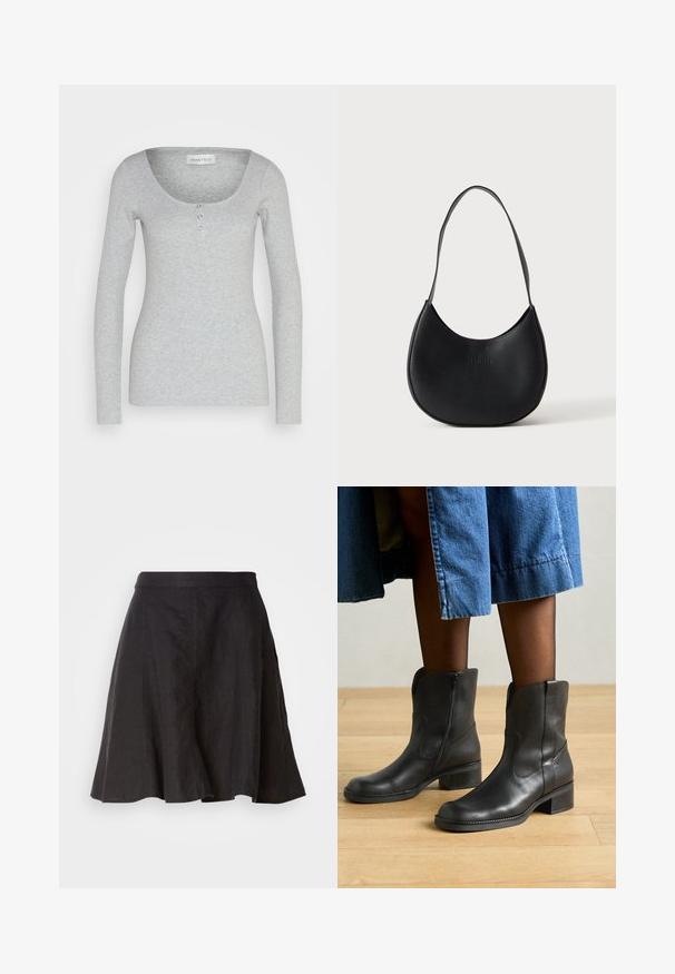 Langærmet grå top lavet af blødt, tekstureret stof. Har en rund halsudskæring og tre funktionelle knapper i midten foran.; Sort linærnederdel med en udvidet design, der har en talje og sømme. Stoffet har en let tekstureret overflade og går til knæet.; Sorte læder ankelstøvler med en lav blokhæl, dekorativ syning og sidelukninger, båret med en denimskirt. Baggrund med trægulv.; Sort læder skuldertaske i halvmåneform med en enkelt rem og diskret præget brandnavn på en ensartet lys baggrund.