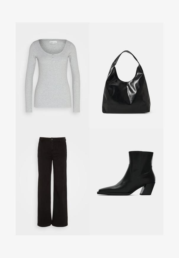Langærmet grå top lavet af blødt, tekstureret stof. Har en rund halsudskæring og tre funktionelle knapper i midten foran.; American Eagle BAGGY WIDE LEG - Wide leg - black wash; Sortlæder ankelstøvle med spids tå, en slank silhuet og en kraftig firkantet hæl. Glat tekstur med minimale stikninger.; Sort læder hobo taske med en blød, skinnende tekstur og en rund, åben top. Har en bred, buet strop til bæring. Ingen synlig hardware.