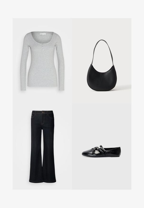 Langærmet grå top lavet af blødt, tekstureret stof. Har en rund halsudskæring og tre funktionelle knapper i midten foran.; Mos Mosh MMDARA DELUXE JEANS - Jeans Relaxed Fit - dark blue; Sorte læder balletflader med spidse tæer, to dekorative stropper med sølvspænder og en glat, blank overflade.; Sort læder skuldertaske i halvmåneform med en enkelt rem og diskret præget brandnavn på en ensartet lys baggrund.