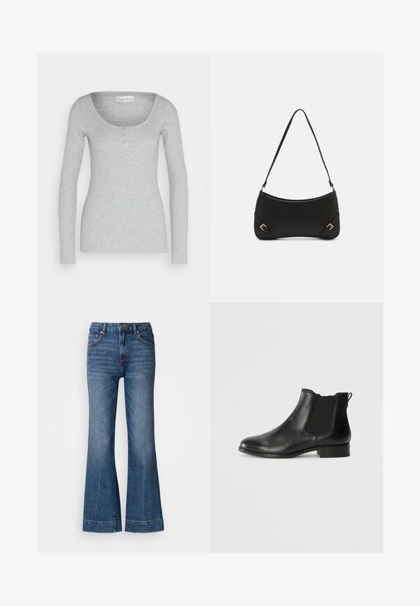 Langærmet grå top lavet af blødt, tekstureret stof. Har en rund halsudskæring og tre funktionelle knapper i midten foran.; Udståede denimjeans i mørkeblå. Har fem lommer, bæltestropper og orange syninger. Glat tekstur med et klassisk pasformdesign.; Tamaris Ankelstøvler - black; Call it Spring KOURTNEY - Håndtasker - black