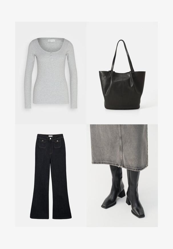Langærmet grå top lavet af blødt, tekstureret stof. Har en rund halsudskæring og tre funktionelle knapper i midten foran.; Sorte denim jeans med høj talje, flared ben, to frontlommer og orange syninger. Materialet ser solidt og glat ud.; Sorte knæhøje støvler i glat læder med firkantet tå og blokeret hæl. Båret med en grå denimnederdel med flosset kant.; Sort læder tote taske med en tekstureret overflade, to lange håndtag og et åbent topdesign. Enkel og praktisk form.